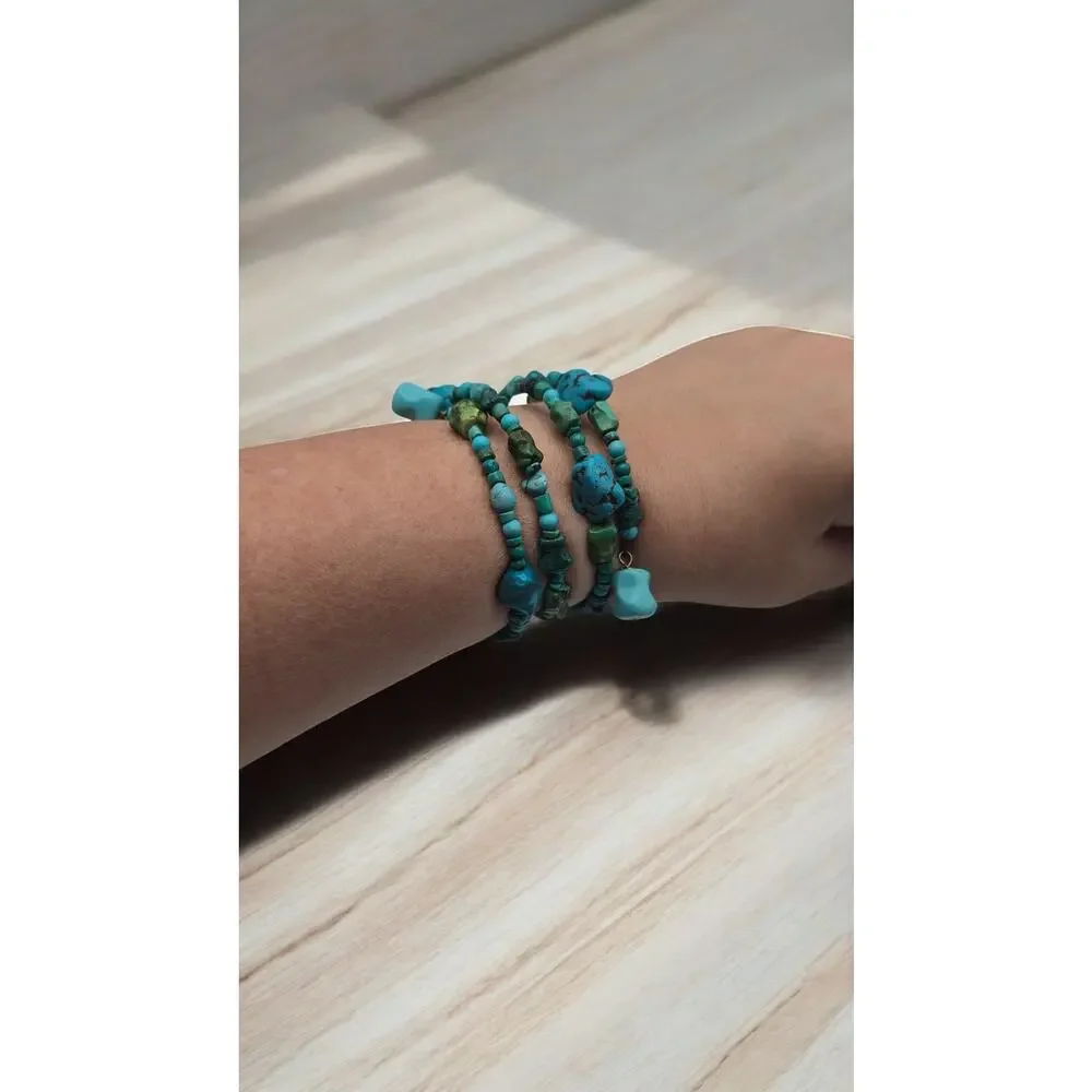 Turquoise Beaded Wrap Bracelet Boho Memory Wire Layered Southwestern